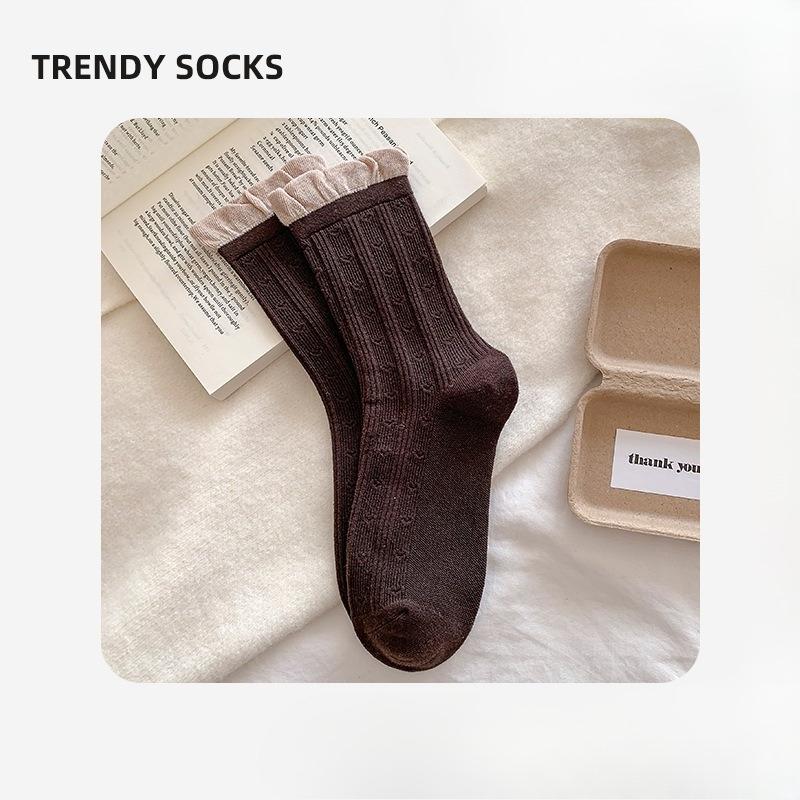Sock Children's Spring/summer Lace-up Striped Mid-calf Socks with Loose Openings and No Bones, Plush Cotton Socks