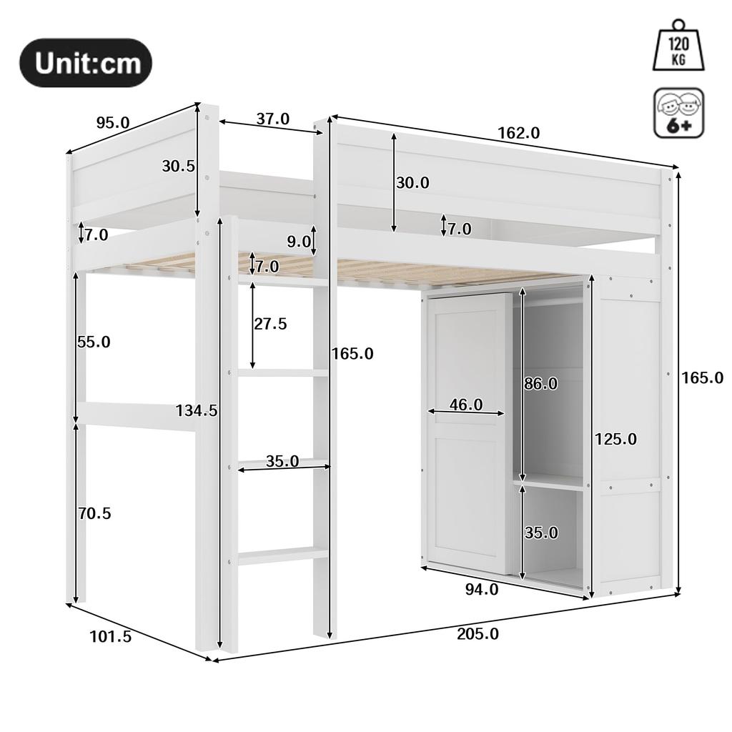 Children's Bed Loft Bed 90x200 Cm Wardrobe Storage Compartment Open Underbed Space Pine Wood Bed Frame Slat Base White