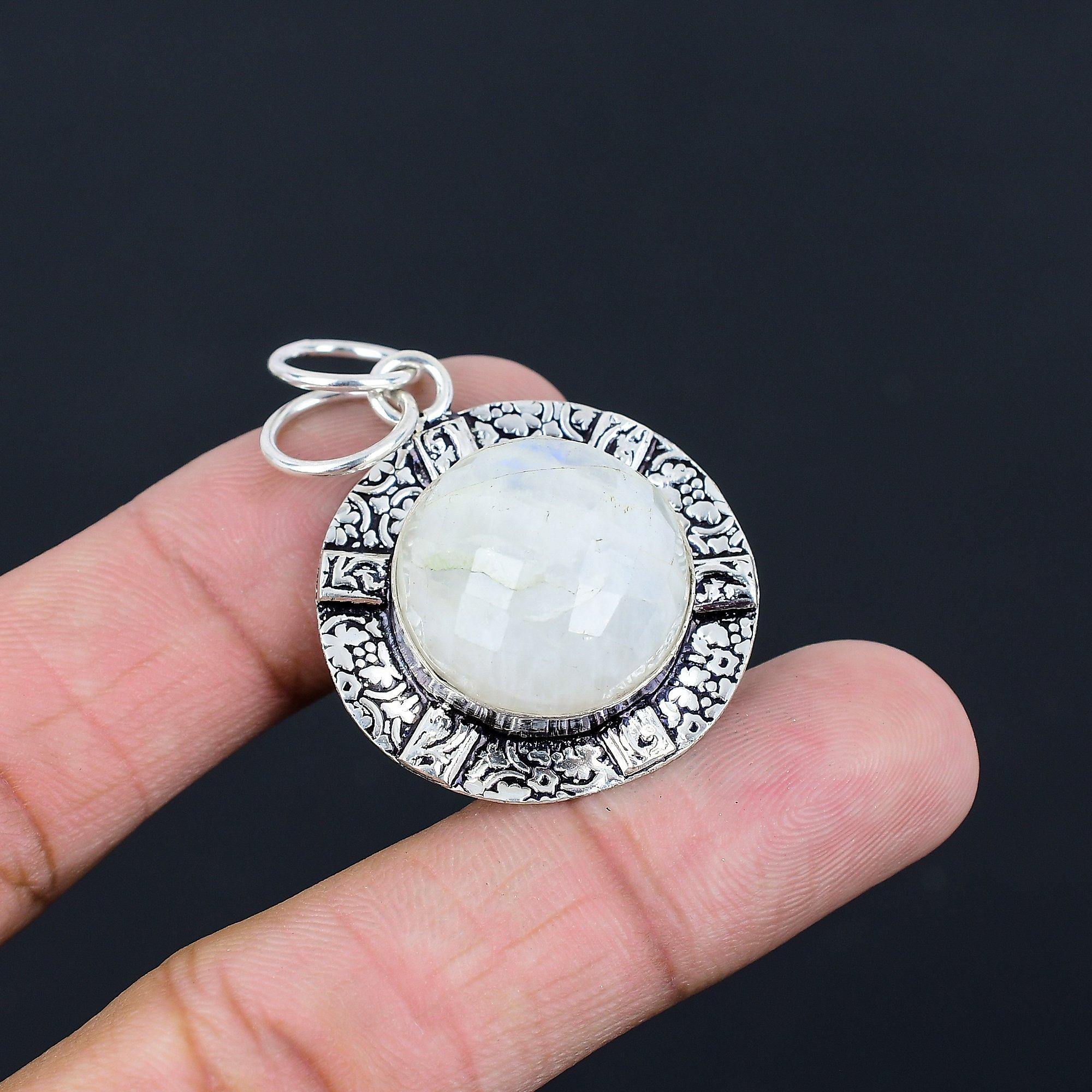 Mothers day Sale Rainbow Moonstone Stone 925 Sterling Silver Bezel Wife Pendant