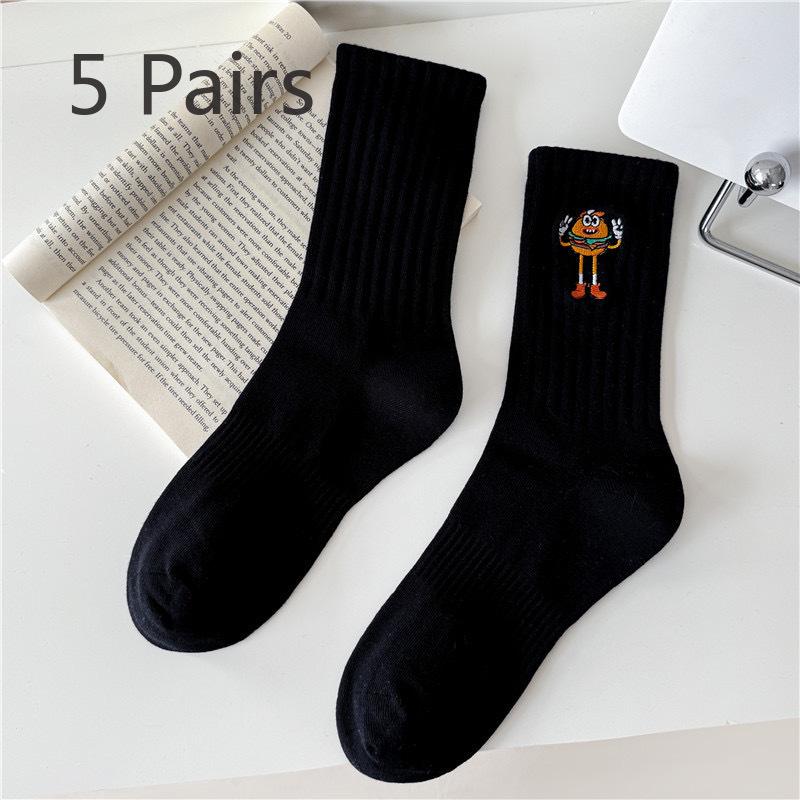 5 perechi de șosete absorbante de transpirație cu design de desene animate, pentru bărbați și femei, cu tub mediu lung, brodate