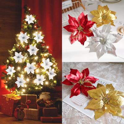 Glitter Sequins Christmas Flowers Christmas Tree Artificial Flowers Ornaments Xmas New Year Party Simulation Flowers Decorations