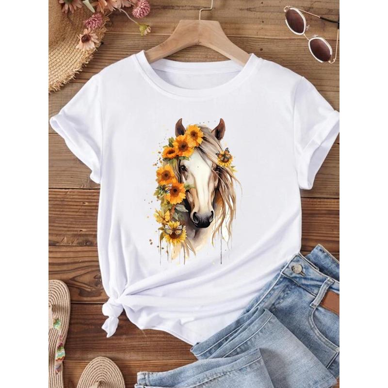 (European Size) Fashion Women Flower Cactus Plant Trend Cute Short Sleeve Clothing Casual T-shirt Female Print Lady Tee Top Graphic T-shirts