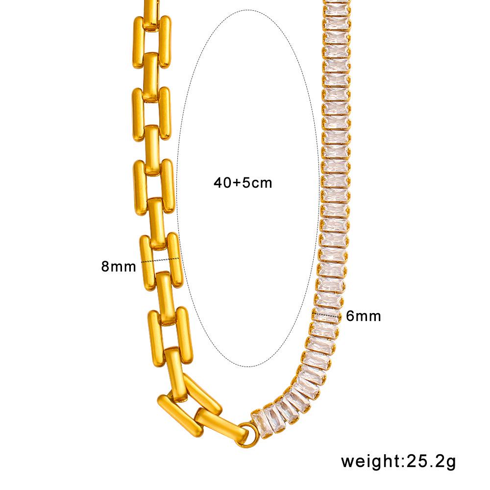 18K Gold Zircon-Inlaid Stainless Steel Necklace: Elegant European & American Clavicle Chain for Women