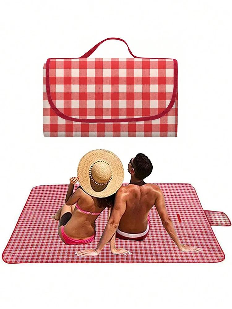 Picnic Blanket 140×190cm Beach Mat Washable Lightweight with Handle Red Checkered for Hiking Travelling Outdoor Camping Parks