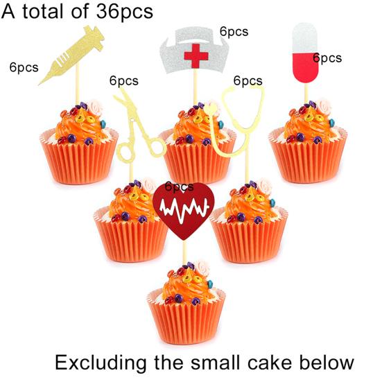 36Pcs Nurse Hat Stethoscope Theme Cake Topper Party Baking Dessert Cupcake Decor