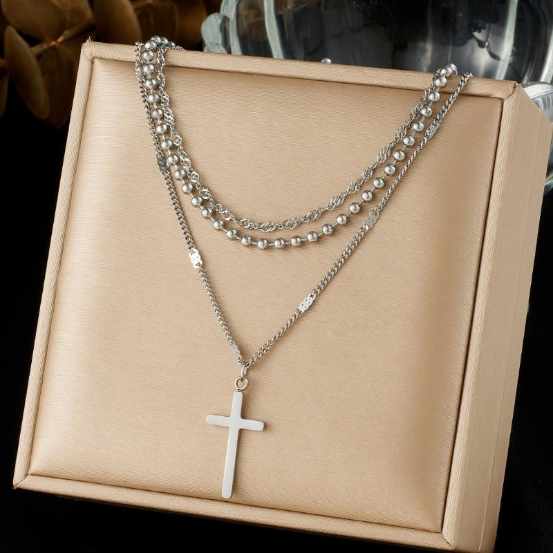 Gold Cross Pendant Layered Necklace For Women Dainty Jewelry серебряный