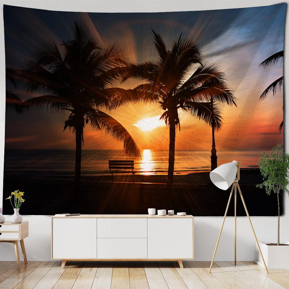 Beach landscape tapestry, coconut tree, sunrise, wall hanging poster, home wall decoration background cloth, living room bedroom