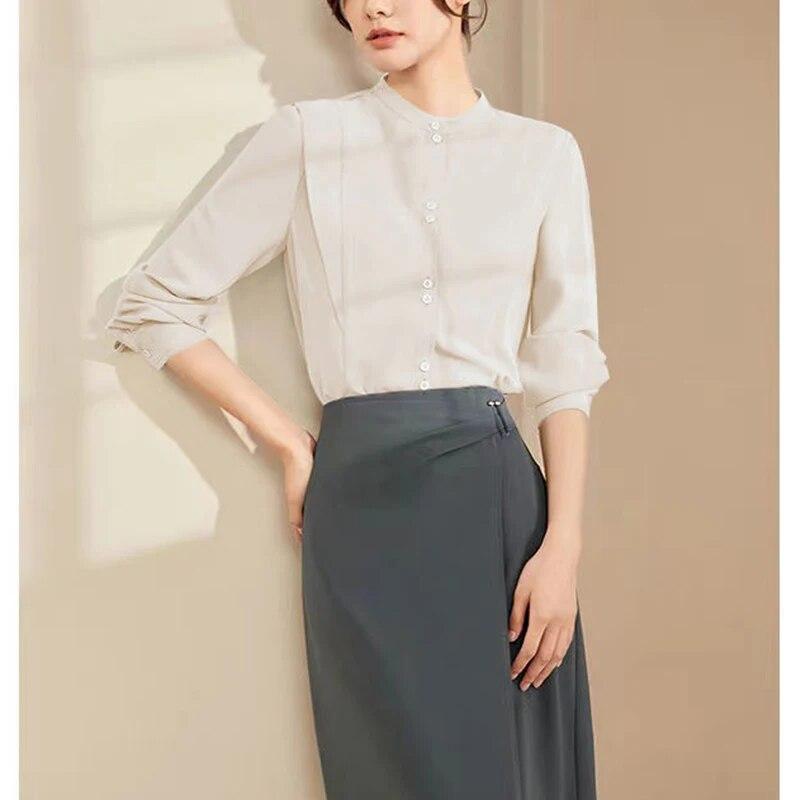 

Весна-лето, корейская мода, воротник-стойка, элегантная рубашка с длинным рукавом, женская однотонная рубашка с оборками, универсальный топ, женская повседневная блузка XXXL белый