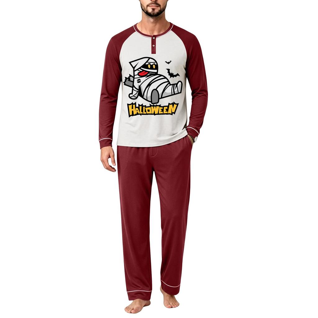 Men's Casual Loose Fit Raglan Sleeve Pajama Set with Halloween Letter Print