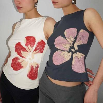 2025 New Fashion Women's Crop Tank Tops Fitted Flower Print Boat Neck Sleeveless Summer Tops for Party Club
