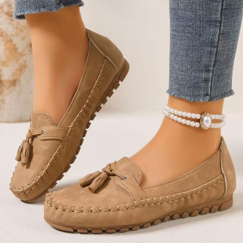Womens Flat Loafer Slip-On Shoes With Embroidery Breathable PU Upper Comfortable Rubber Sole Casual