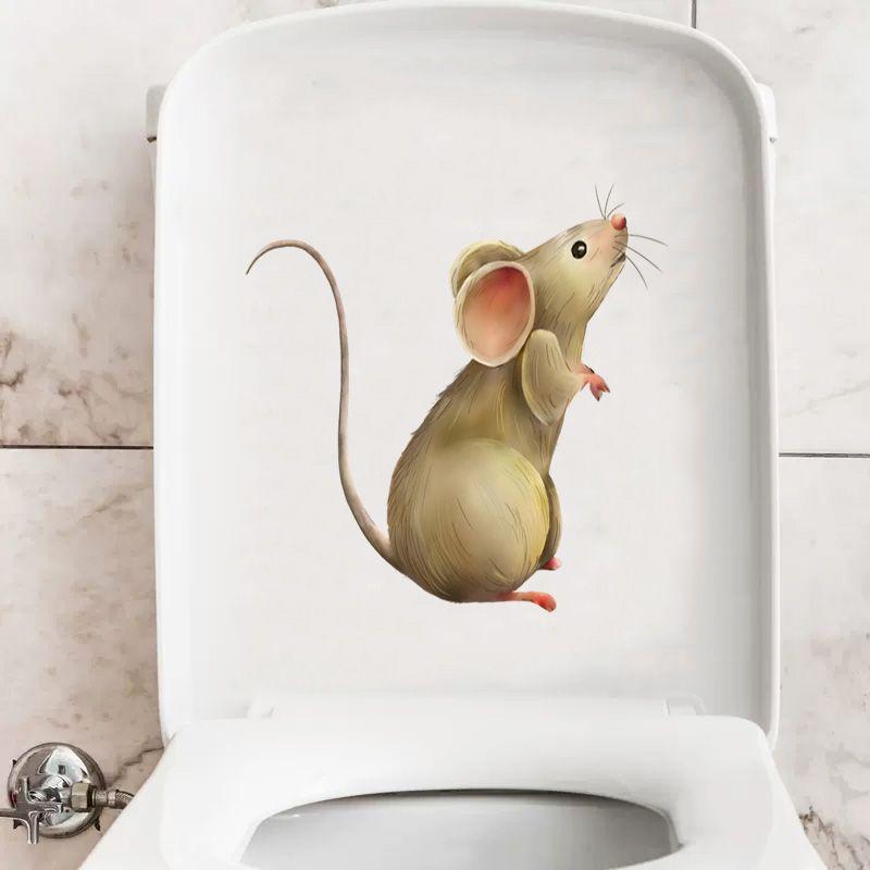 Mouse Looking Up Funny Toilet Stickers Cartoon Urination Toilet Lid WC Door Sticker Removable Self-Adhesive Decor
