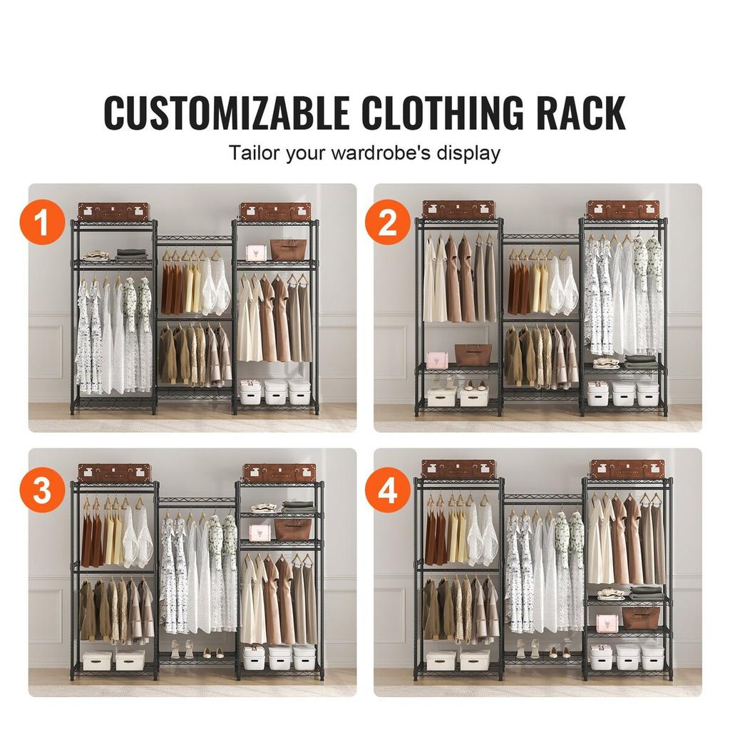 Heavy Duty Clothes Rack, Rolling Clothing Garment Rack with 4 Hang Rods & 8 Storage Tiers, Adjustable Custom Closet Rack, Freestanding Wardrobe for