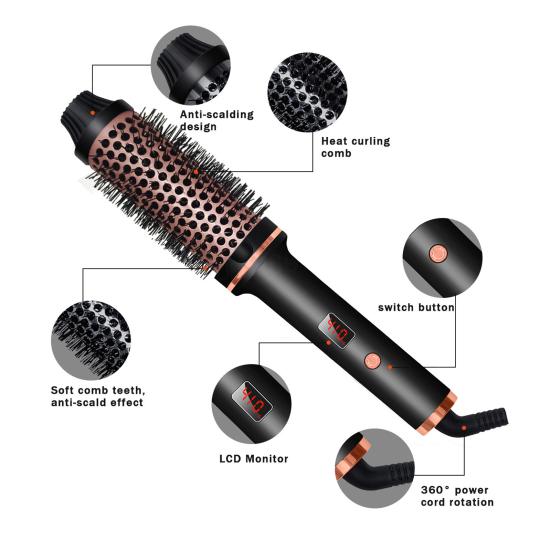 3-In-1 38MM Hair Curling Iron Brush Fast Heating Thermal Brush Fast Heating Negative Ion Heated Round Brush Electric Hair Curling Wand Tools