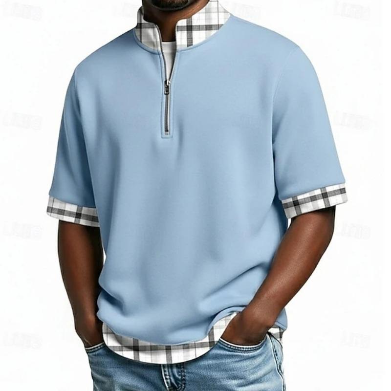 Mens Plaid Patchwork Half Zip Mock Neck Short Sleeve T Shirt