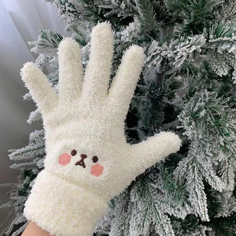 1-2pair Adorable Gloves Portable Winter Gloves Cute Soft Fluffy Plush Winter Gloves Cartoon Bear Winter Warm Full Finger Gloves