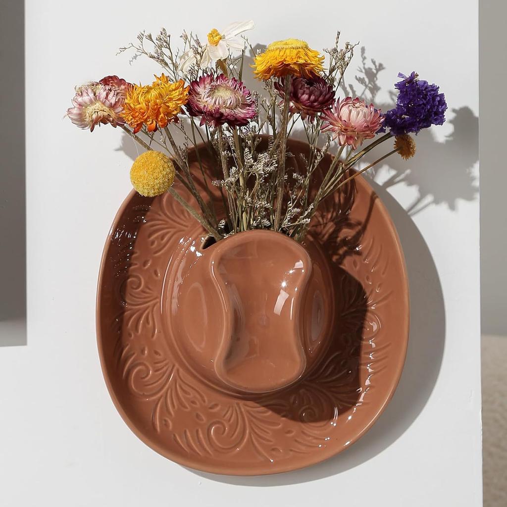 Ceramic Vase Hat-shaped Flowerpot Cowboy Hat Wall-mounted Decoration Three-dimensional Floral Hanging Pendant Flower Vase