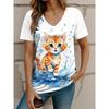 Outdoor Women's T-shirt Cat Printed Short Sleeve Female Harajuku Tees Ladies T Shirt Oversized V-neck Tops Animal Women Clothing