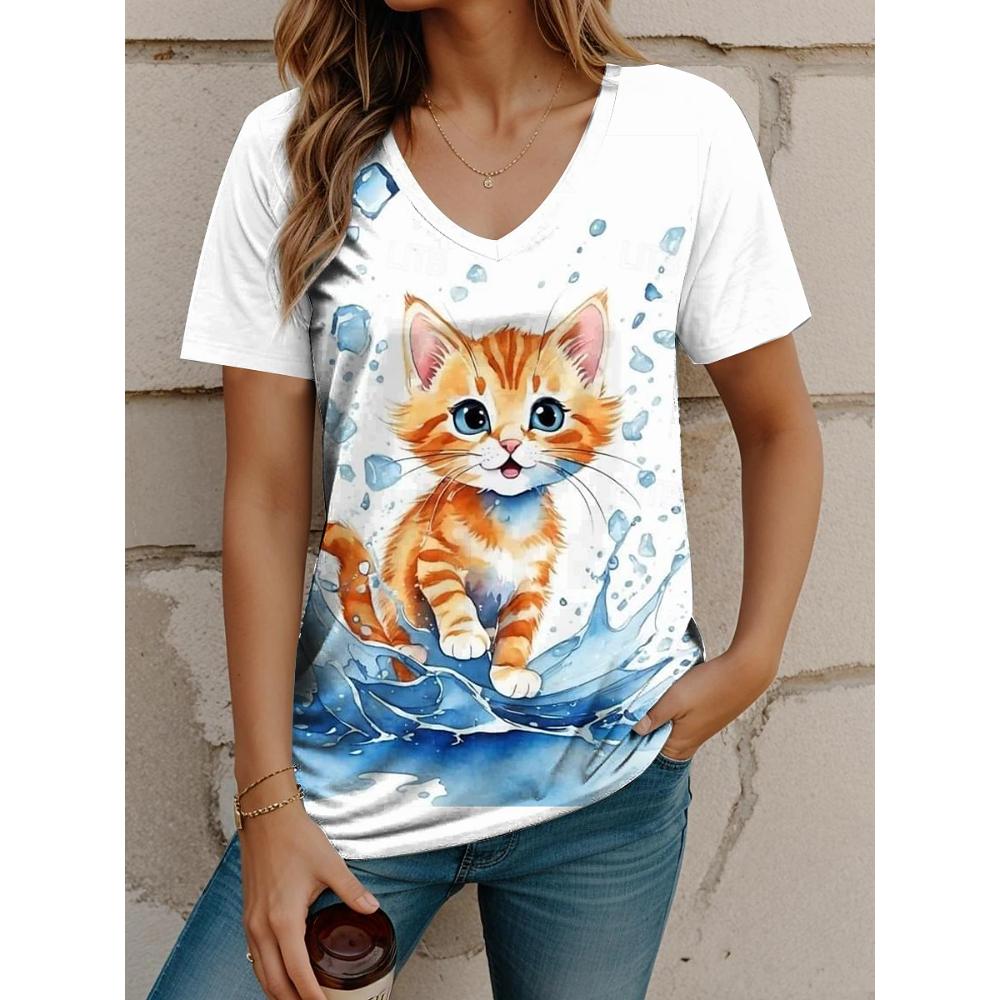Outdoor Women's T-shirt Cat Printed Short Sleeve Female Harajuku Tees Ladies T Shirt Oversized V-neck Tops Animal Women Clothing