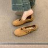 Cowhide version~ round head retro yellow Mary Jane shoes women's soft-soled cross-strapped ballet commuter single shoes women's ladyshoes