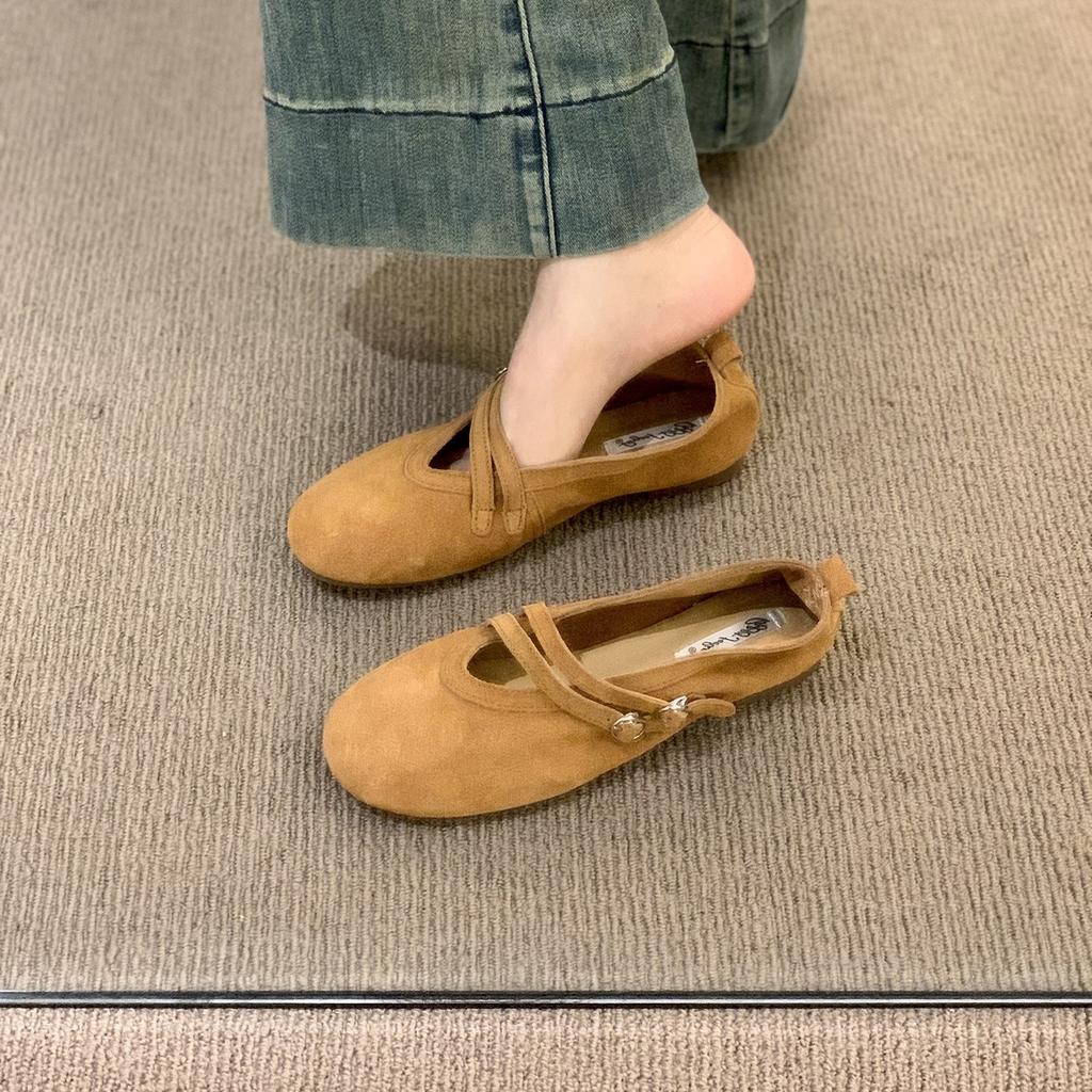 Cowhide version~ round head retro yellow Mary Jane shoes women's soft-soled cross-strapped ballet commuter single shoes women's ladyshoes