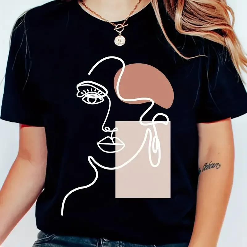 Womens Face Printed Simple Line Pattern Tshirt Women Casual Loose Comfortable Clothes Fashion ONeck Short Sleeve Tops Tshirt