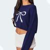 Women Bow Detail Cropped Long Sleeve Crew Neck Knitted Pullover Sweater