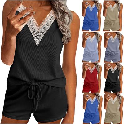 Conjunto de duas peças de regata feminina de verão com decote em V, sem mangas, colete e shorts
