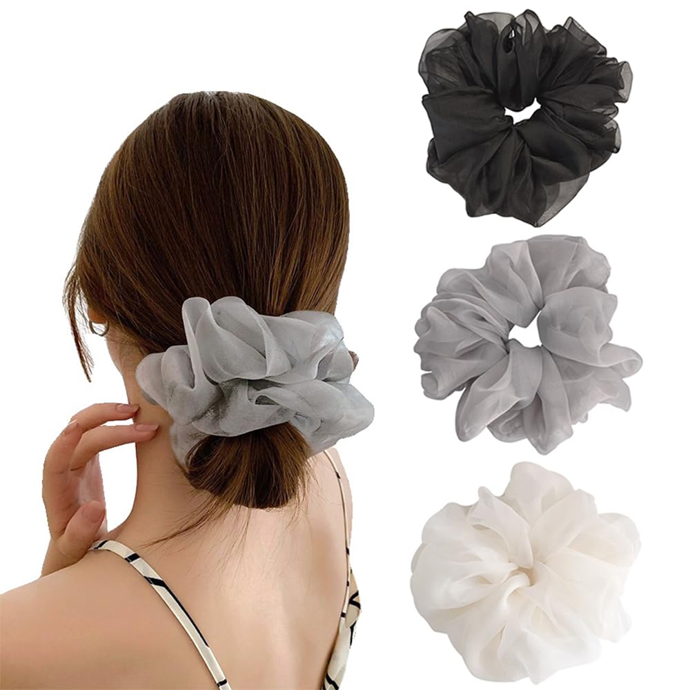 CHANGJIQ Chouchou Hair Accessories 3-Piece Set Glossy Solid Volume Large Ties Updo Clips Long Headbands Rubber Bands Ornaments Stylish Cute Gift Kids