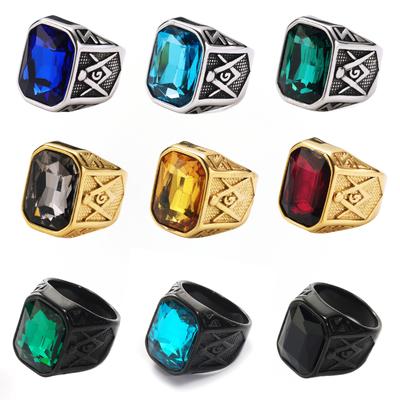 Mannen Titanium Stalen Ring Hip Hop Rock Rode Grote Edelsteen Vrijmetselaars Sieraden Accessoires Gouden Rapper Vinger Ring