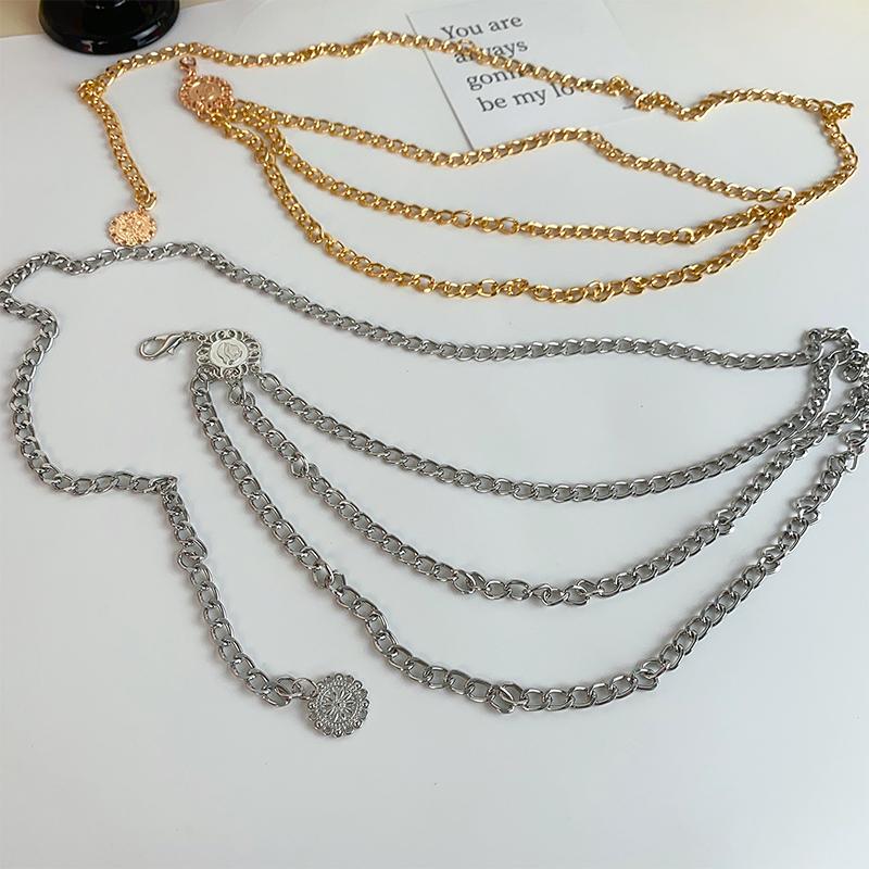 Sparkling Multilayered Metal Waist Chain Rhinestone Decor Golden Silvery Metal Chain Punk Dress Girdle For Women