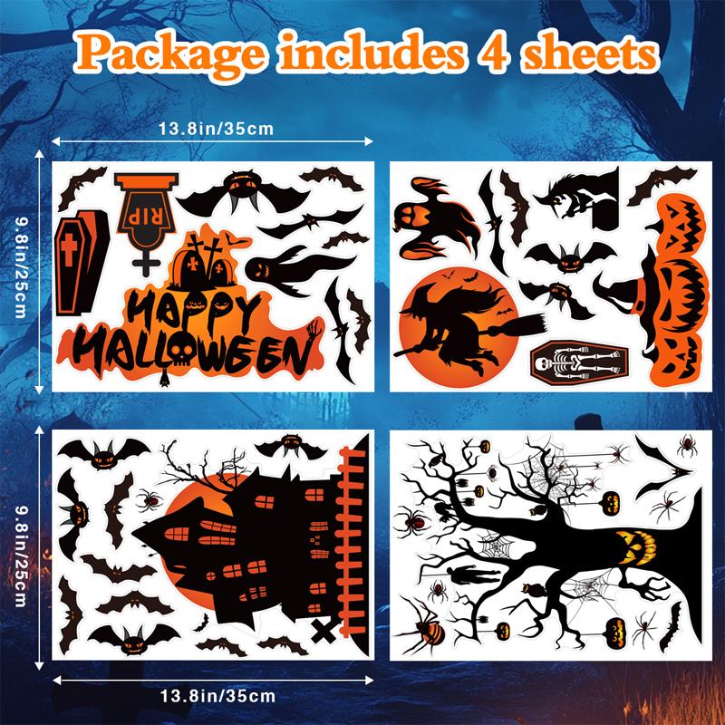 4pcs/set Halloween Pumpkin Spider Bat Window Clings Double-Sided Reusable Decorations for Indoor Parties School & Shop Displays