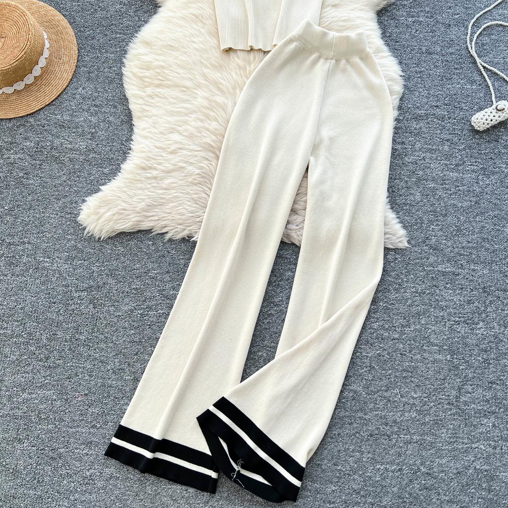 Set de vară pentru femei, casual, cu pulover tricotat în dungi și pantaloni, din două piese, topuri pulover fără mâneci și costum cu pantaloni cu picior lat