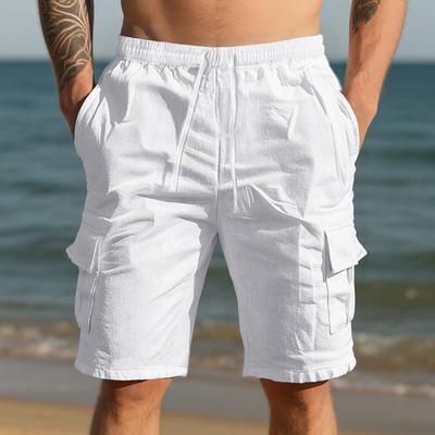Men's White Linen Cargo Shorts Casual Summer Beach Shorts with Drawstring Elastic Waist and Multi Pockets