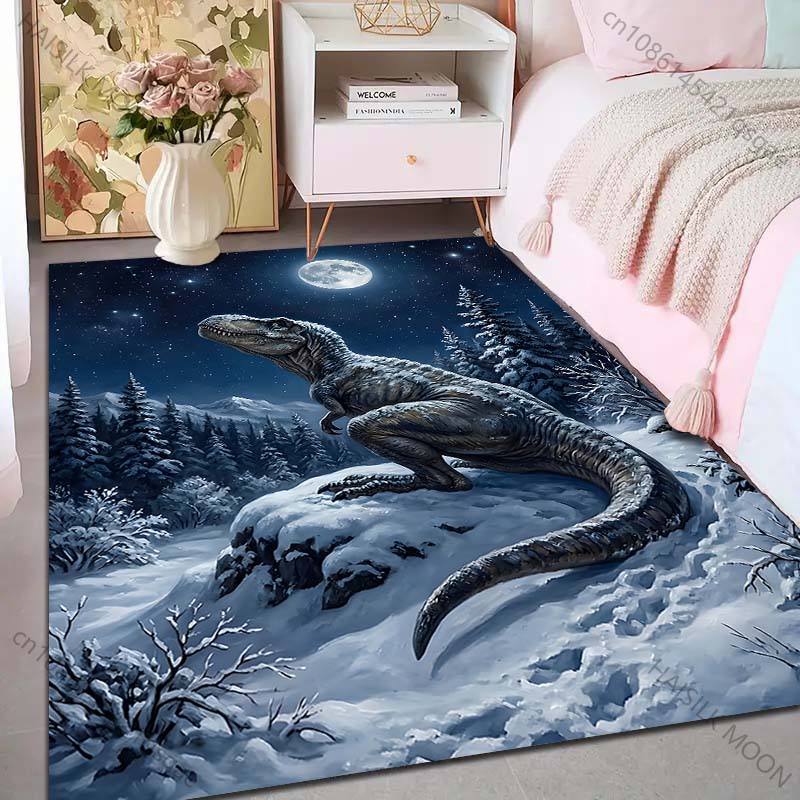 1PC Dinosaur in snowy moonlit forest Print Carpet Rug for Living Room Bedroom Sofa Doormat Home Decor Non-slip Floor Mat
