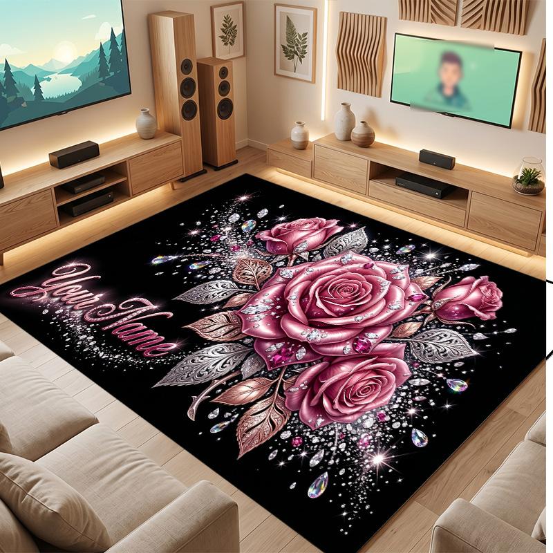 Floral Garden Theme Soft Crystal Velvet Rug Custom Name & Text Print Non Slip Floor Rug for Bedroom Living Room