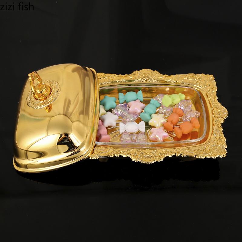 Golden Alloy Butter Box Glass Dessert Plate Butter Dish with Lid Fruit Plate Salad Bowl Cheese Dish Dim Sum Dishes Cake Tray