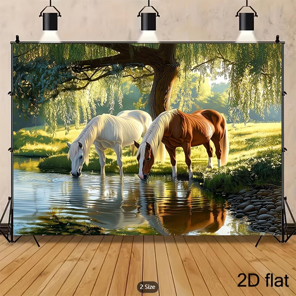 2D plane, 1 piece of pastoral-style horse drinking water scene is suitable for photography background and birthday party.