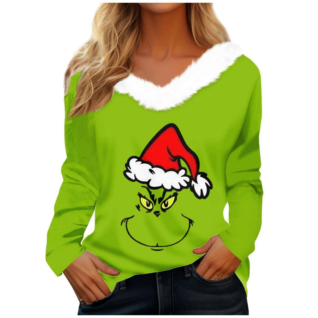 Women's T Shirt Tee Christmas Shirt Long Sleeve Party Christmas Fleece Collar V Neck Top