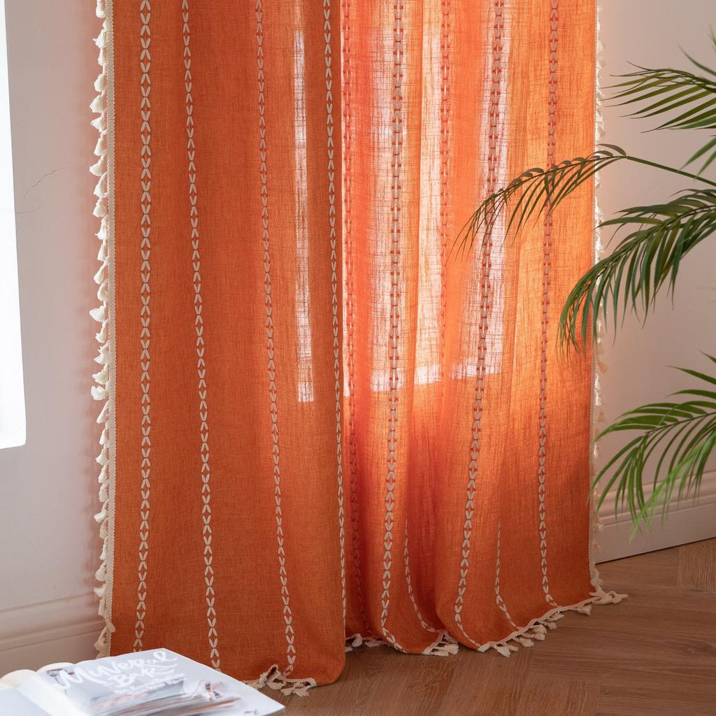 Cotton And Linen Fringed Kitchen Window Drapery French Striped Rod Pocket Curtain