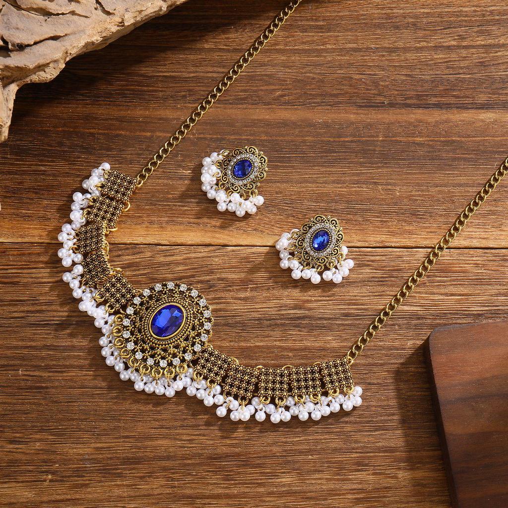 Cross-Border Ethnic Rhinestone Tassel Necklace & Earring Set
