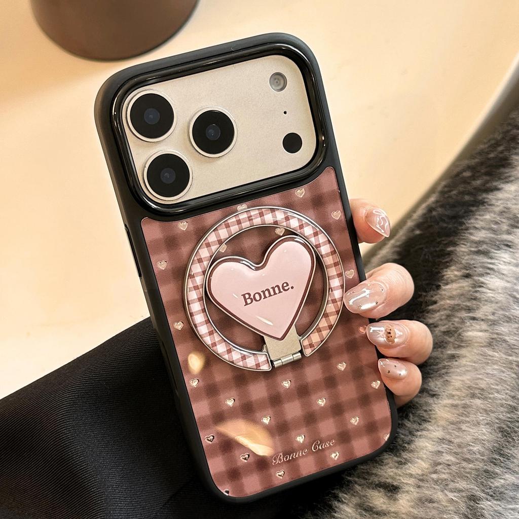 Brown Heart-Shaped Stand Phone Case for iPhone 15, iPhone 16, iPhone 17 Pro Max