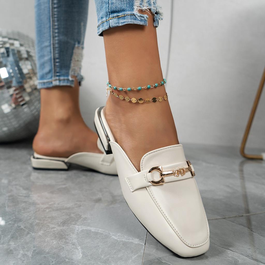 Fashion Women Slippers 2025 New Beach  Big Size Sandals Fashion Metal Lady Mules Shoes Female Designer Round Toe Slippers Slides Wome
