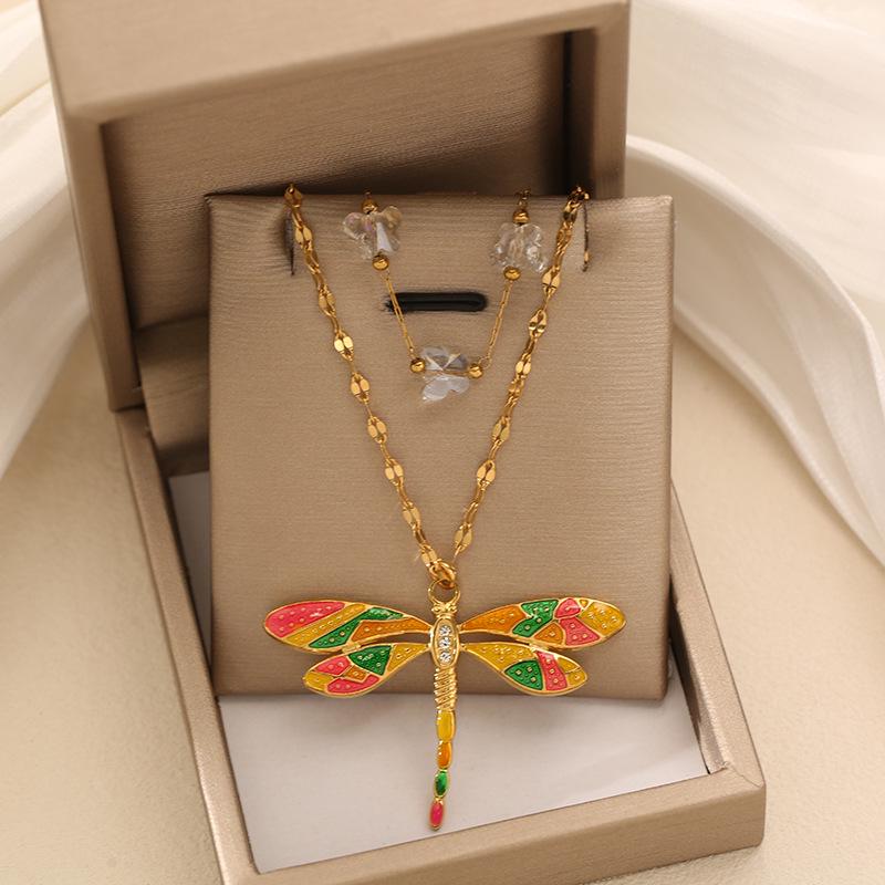 Colorful Dragonfly Pendant Necklace in 18K Gold-Plated Stainless Steel Clavicle Chain