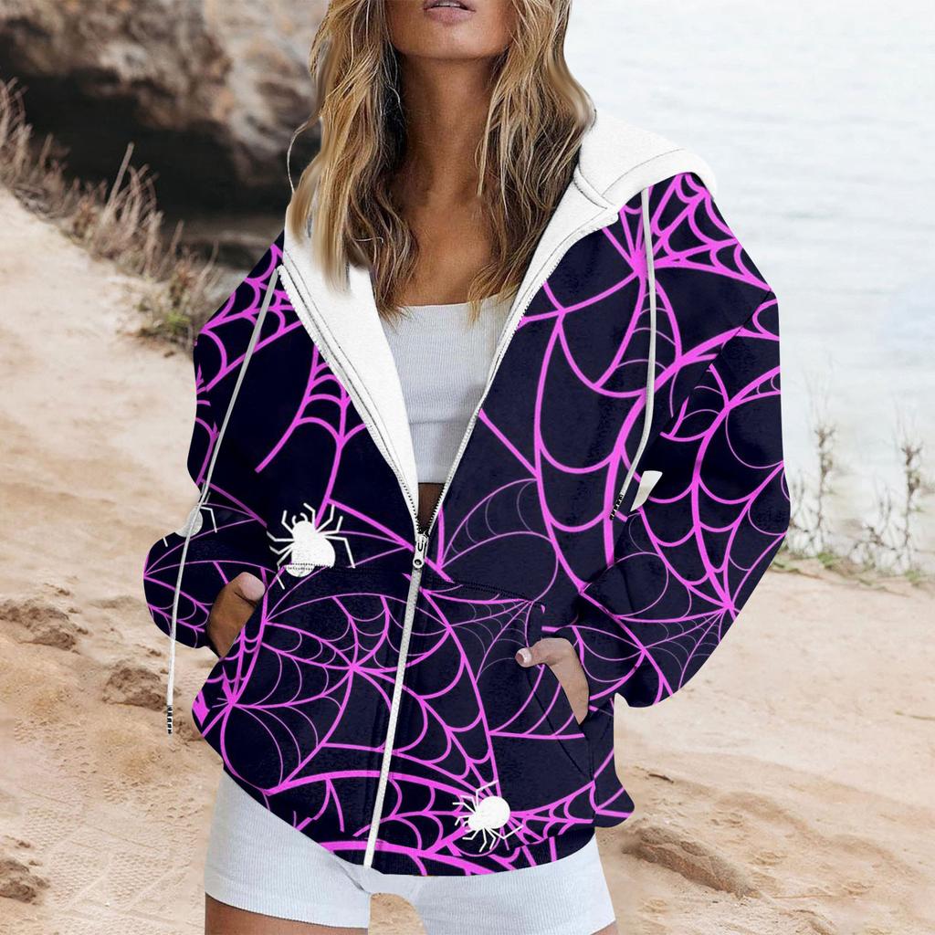 Women's Fashion Casual Halloween Printed Sweatshirt Autumn And Winter Long Sleeve Pocket Cardigan Jacket Zipper Hoodie Coat