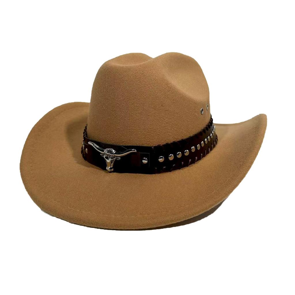 New Western Cowboy Hat Versatile Retro Cow Head Felt Hat Tibetan Grassland Riding Big Brim Top Hat