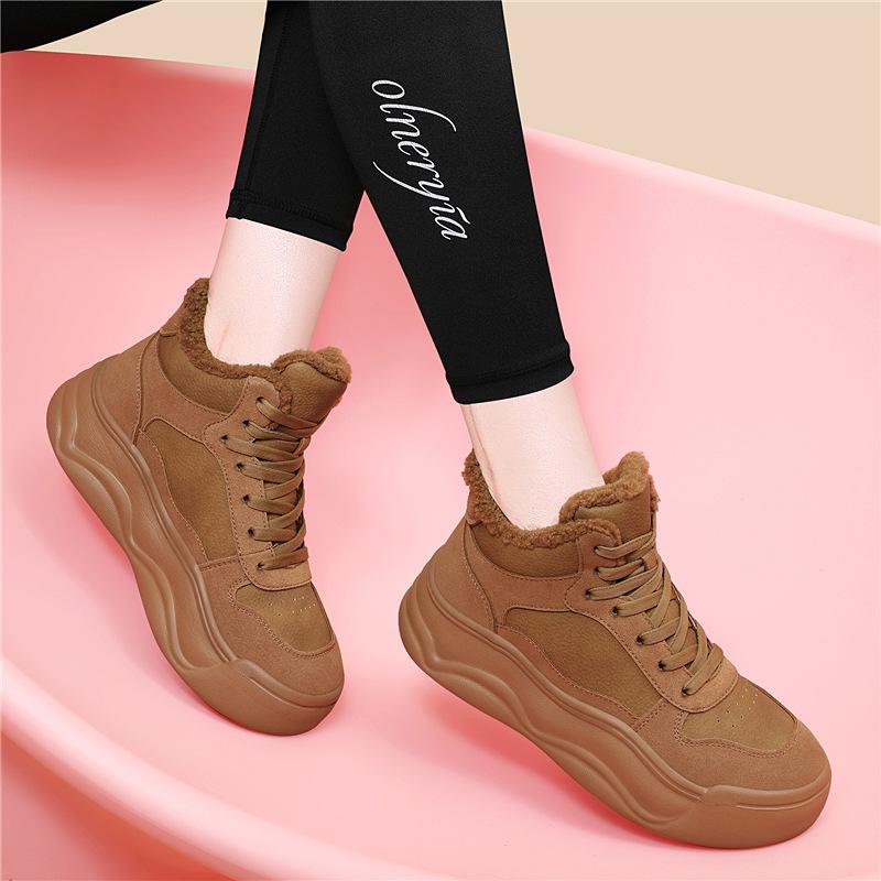 Leather high-top shoes women's versatile sports shoes new thick baseplate shoes casual round head soft sole not tired feet white shoes tide