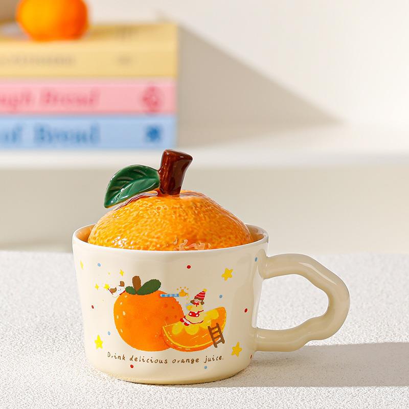 Orange Ceramic Water Cup with Lid - Cute Office Souvenir or Birthday Gift for Home Use