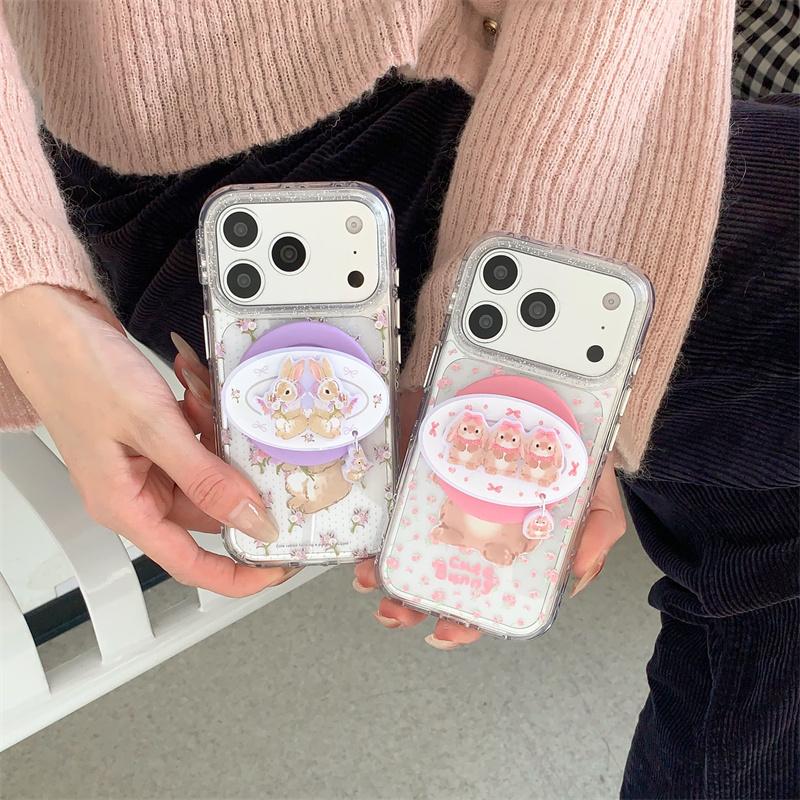 New 2026 Cute Floral Bunny Magnetic Phone Case For iPhone 17 16 15 14 Pro Max Bling Lens Pink Purple Clear Shockproof Cover For