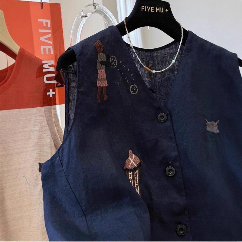 Women Cartoon Character And Animal Embroidered V Neck Button Front Linen Blend Sleeveless Vest
